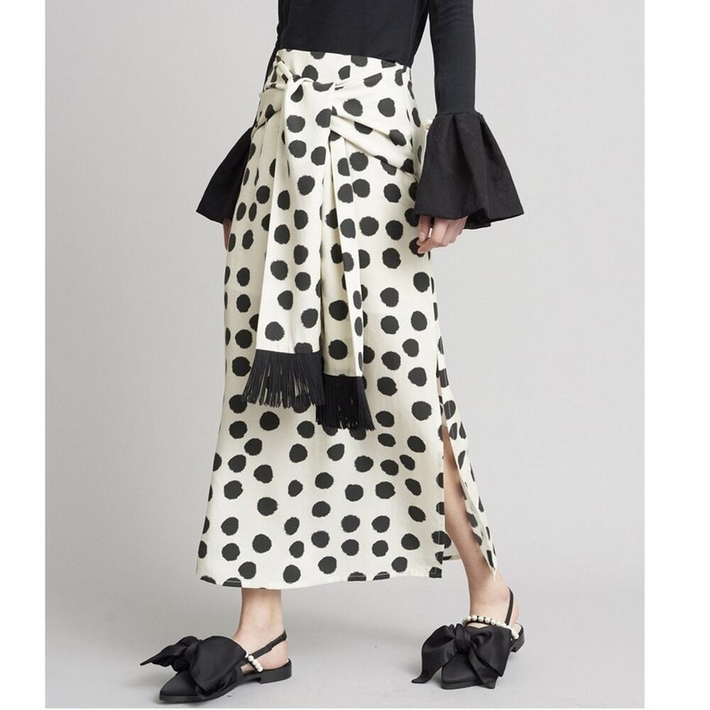 Mother of Pearl Kate Polka Dot Midi Skirt Tie‎ Front Fringe White Black Size 0 - Picture 3 of 15